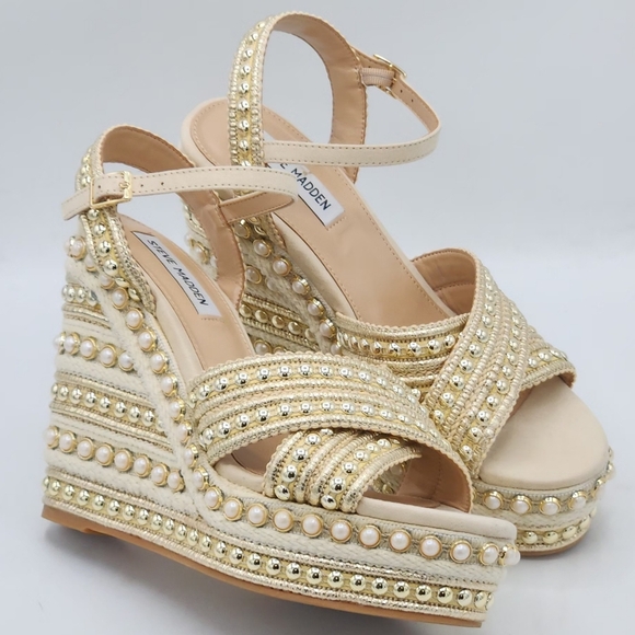 Steve Madden Juniper Raffia Platform Gold Pearls Accent Wedge Sandals Size 11. - Picture 15 of 16